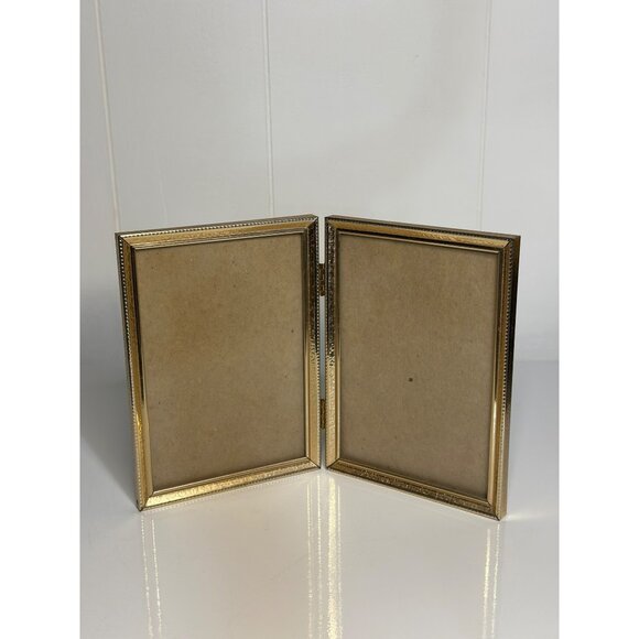 VTG Brass Double Picture Frame 7.25"x5.25"| Mid-Century Modern Hinged Gold Frame - Picture 1 of 6